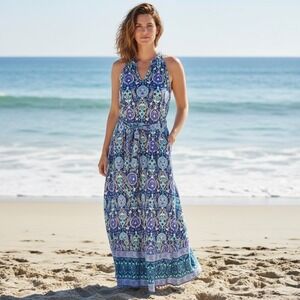 Talbots Women's Cotton Tiered Maxi Dress Sundress Floret Medallion Blue Size 6P